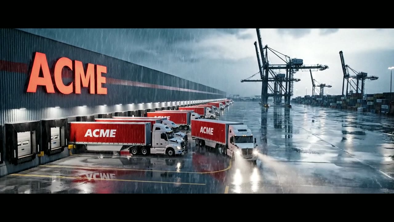 Night-time aerial over a rain-lit ACME distribution center