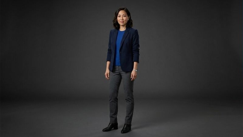Wardrobe reference for Nancy Whitmore: navy blazer, cobalt top, grey trousers